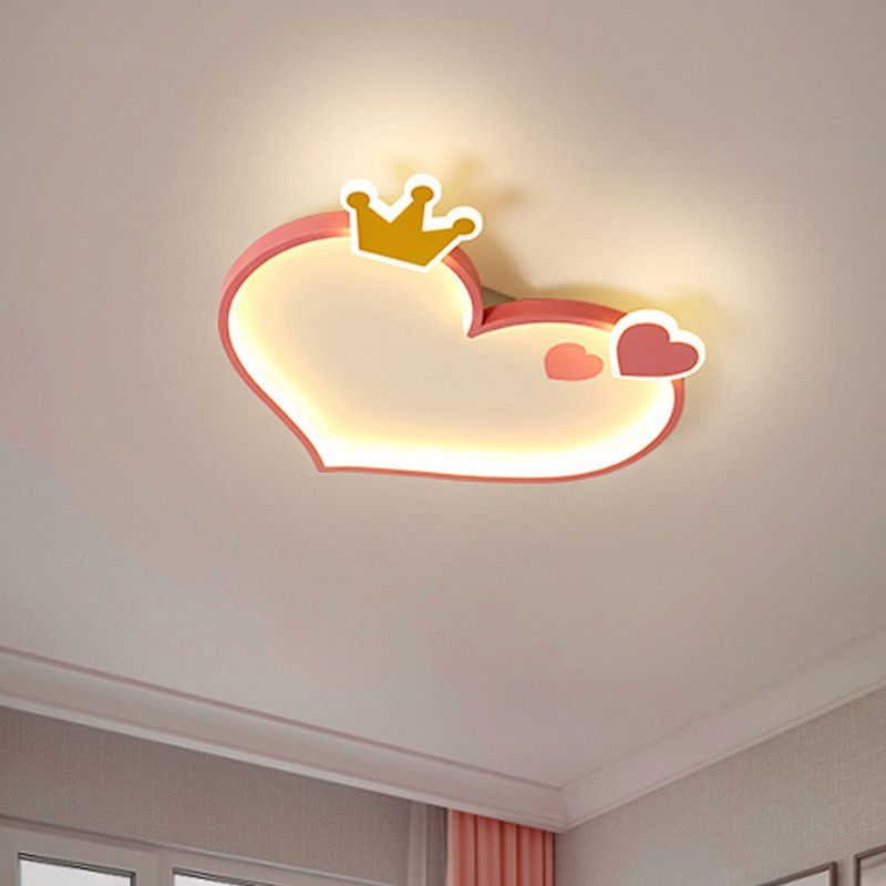 Metallic Loving Heart Flush Ceiling Light Cartoon LED Pink Flush Mount with Crown Decor