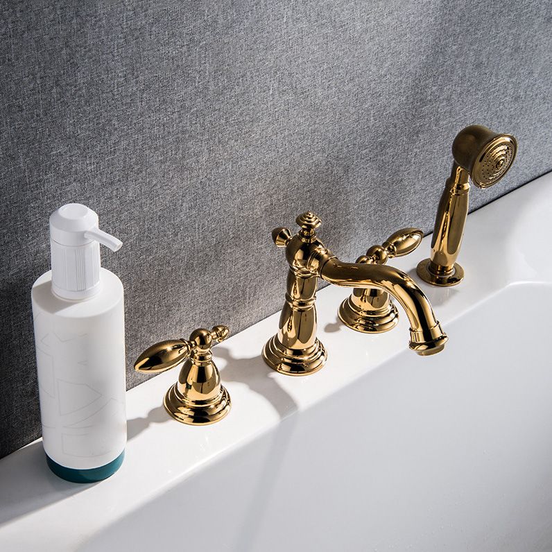 Gold and Chrome Roman Tub Filler Two Handle Deck-Mount Tub Faucet with Handshower