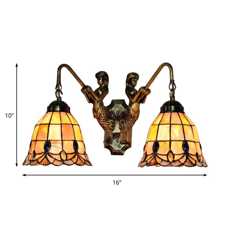 Flared Shell Sconce Light Tiffany 2 Heads Beige Mermaid Wall Mounted Light for Bedroom