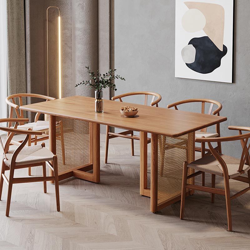 Modern Dining Table Solid Wood Top Dining Table with Double Rattan Base for Living Room