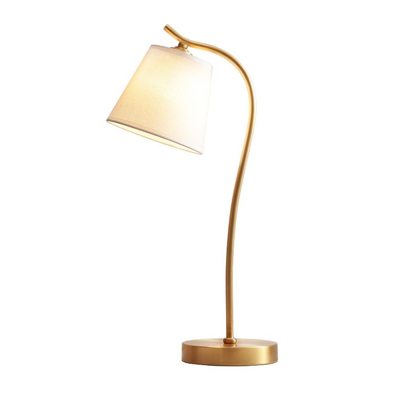 Lampada da tavolo a collo di cigno in metallo Lampada da comodino minimalista a 1 luce dorata con paralume in tessuto a cono