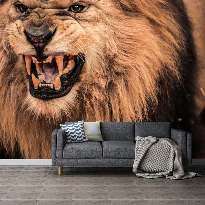 Photography Lion Roaring Mural Wallpaper for Bedroom, Brown, Personalized Size Available