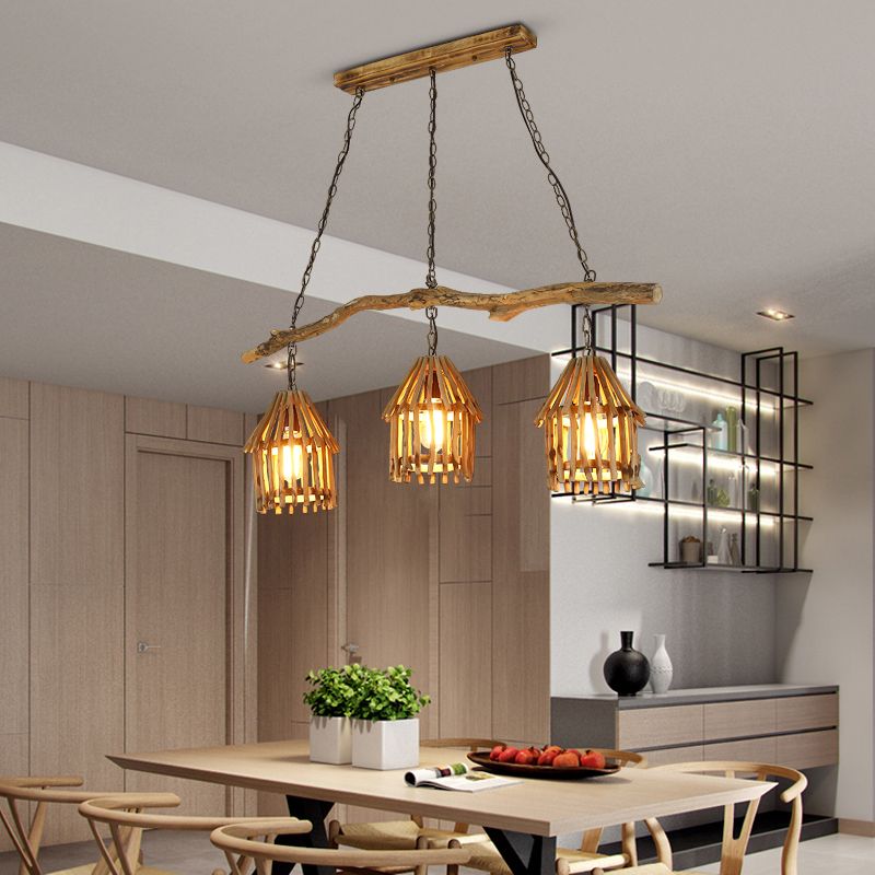 Maison en bois en forme de lampe suspendue nordique 3 Heads Island Pendant Light pour salle à manger