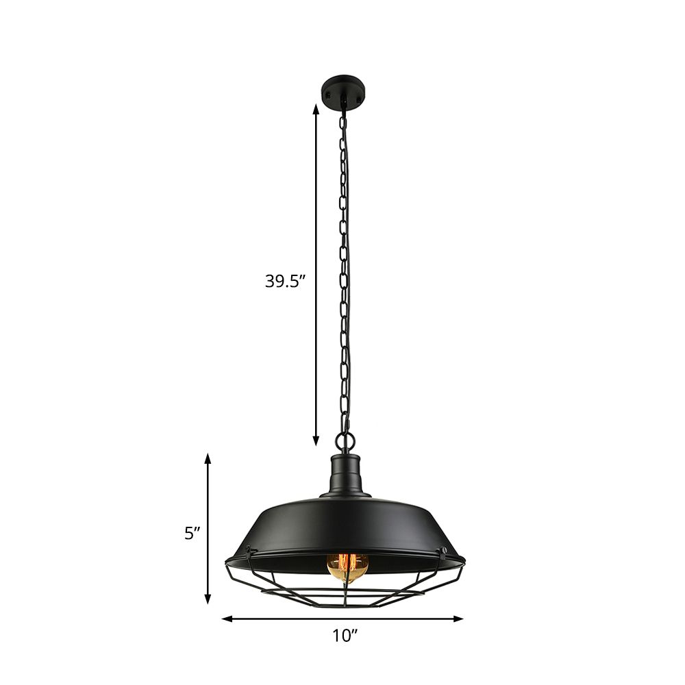 Farmhouse Stylish Barn Ceiling Light Fixture with Cage Shade 1 Bulb Metallic Pendant Lamp in Black, 10"/14"/18" Diameter