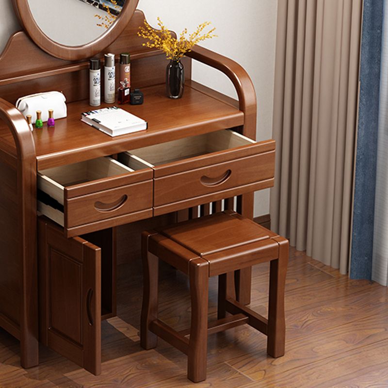 Traditional 2-Drawer Solid Wood Dressing Table with Mirror Makeup Vanity Stool