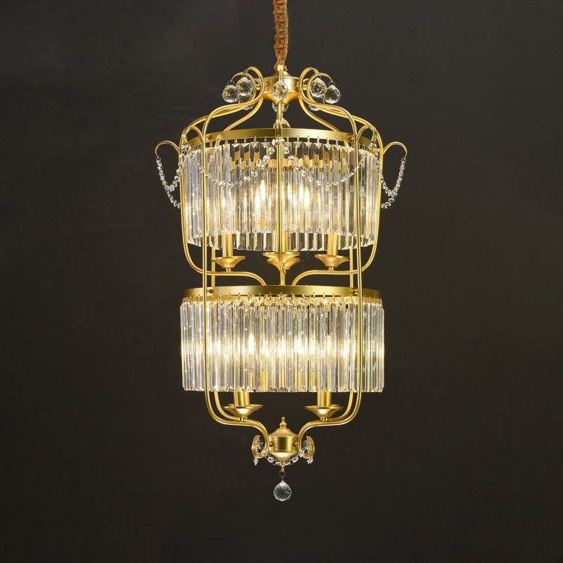 Candle Ceiling Chandelier Retro Prismatic Crystal Hanging Lamp with Scroll Frame