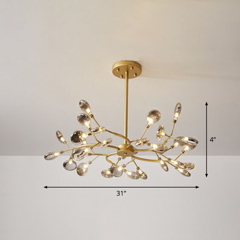 Postmodern Style 30-Light Chandelier Brass Firefly Hanging Light with Acrylic Shade