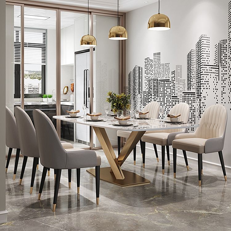 Modern White Rectangular Stone Dining Table with Metal Pedestal Base