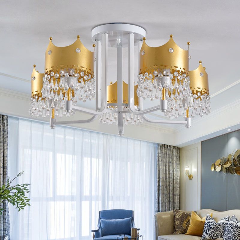 Crown Shape Chandelier Light Modern Waterdrop Crystal 5 Lights Gold Ceiling Light