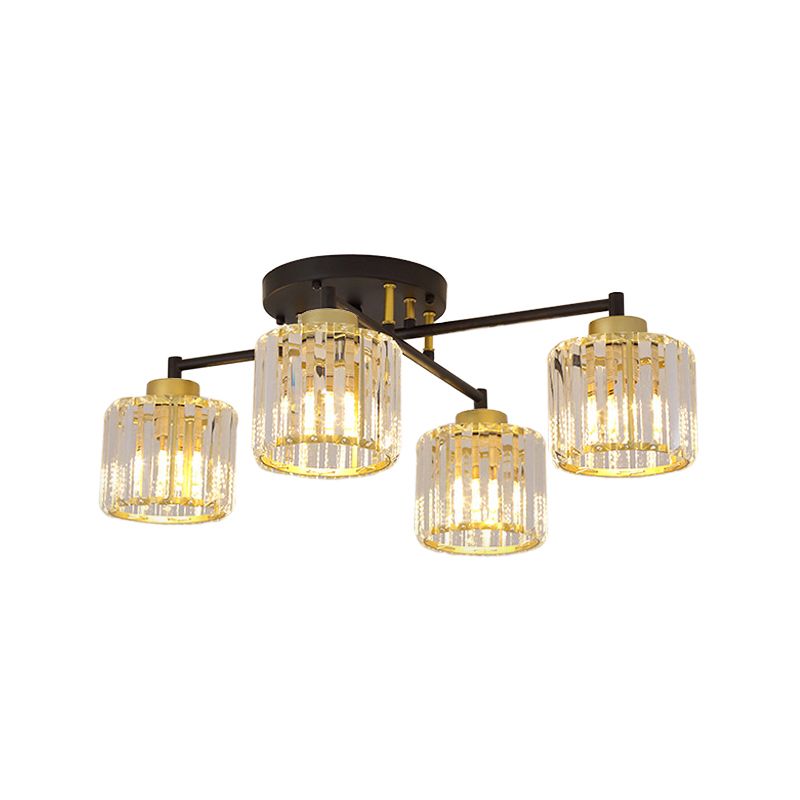 Cylinder Bedroom Semi Flush Light Minimalist Crystal Rectangle 4/6-Light Black and Gold Flushmount