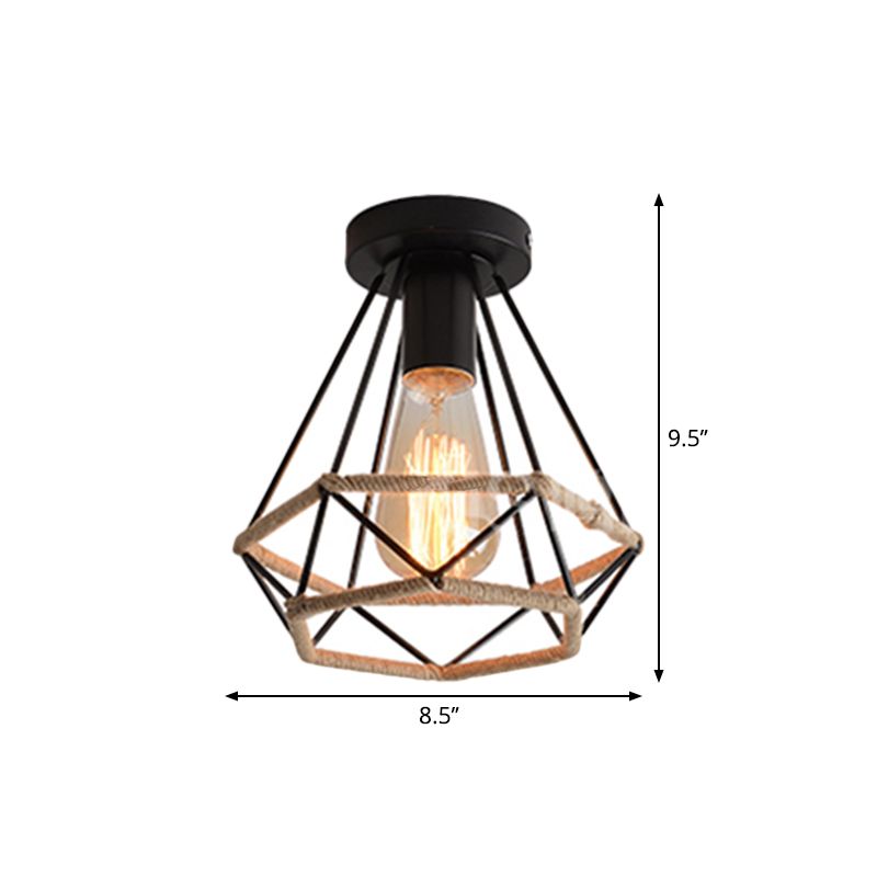 Zwart 1-lamp semi-inbouwlamp Lodge-stijl metaal en touw Globe/Diamant kooi-plafondarmatuur voor gang