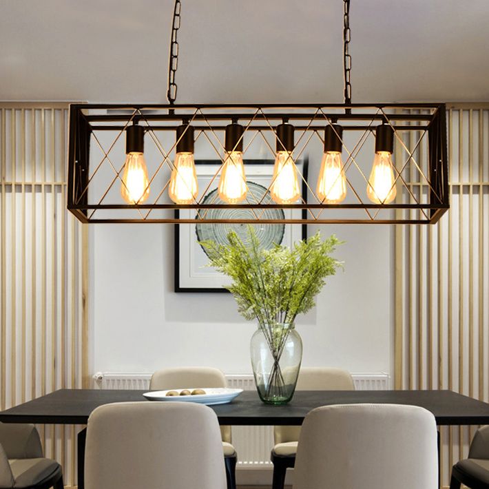 Rectangular Shape Pendant Light Modern Style Metal 4/6 Lights Hanging Lamp in Black