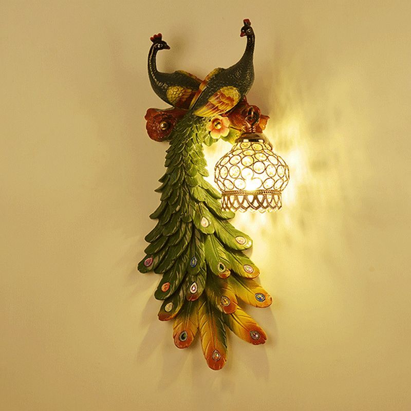 Kristall-verkrustete Laternenwand-Lampe rustikaler 1-Licht-Wohnzimmerleuchter mit mehrfarbigem Pfauen-Deko