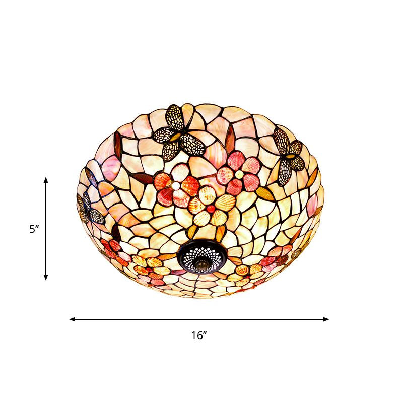 Natural Shell Beige Ceiling Fixture Dome 3/4 Lights Tiffany Flushmount Lighting with Butterfly-Flower Pattern, 16"/20.5" W