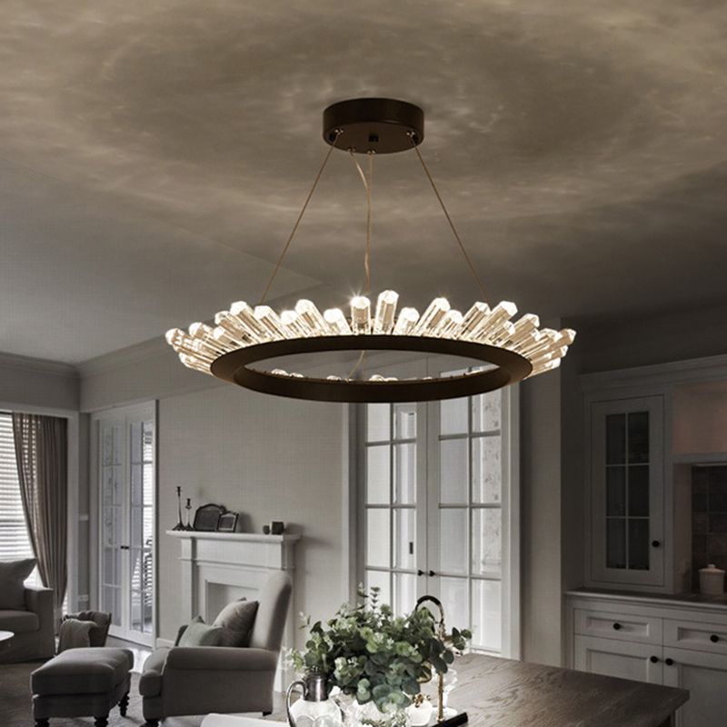 Black/Gold Ring Pendant Chandelier Modern Crystal Accent LED Pendant Light Fixture in White/Warm Light for Living Room, 19.5"/23.5" Wide