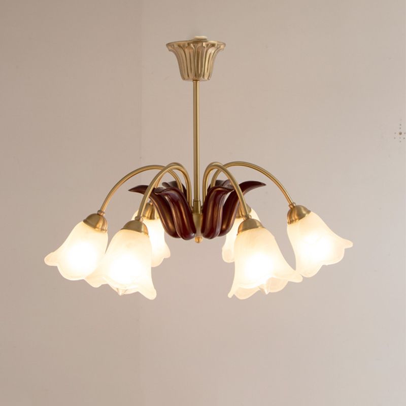 Frosted Glass Chandelier Antique Golden Scalloped Pendant Light Fixture for Living Room