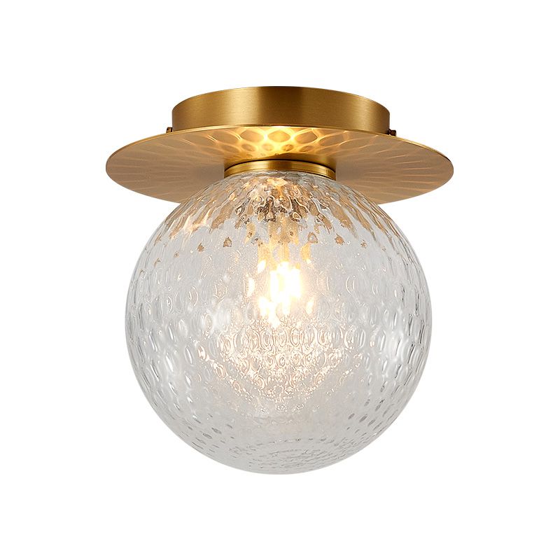 Modern Concise Indoor Flush Mount Copper Globe Ceiling Fixture with Ripple Glass Shade