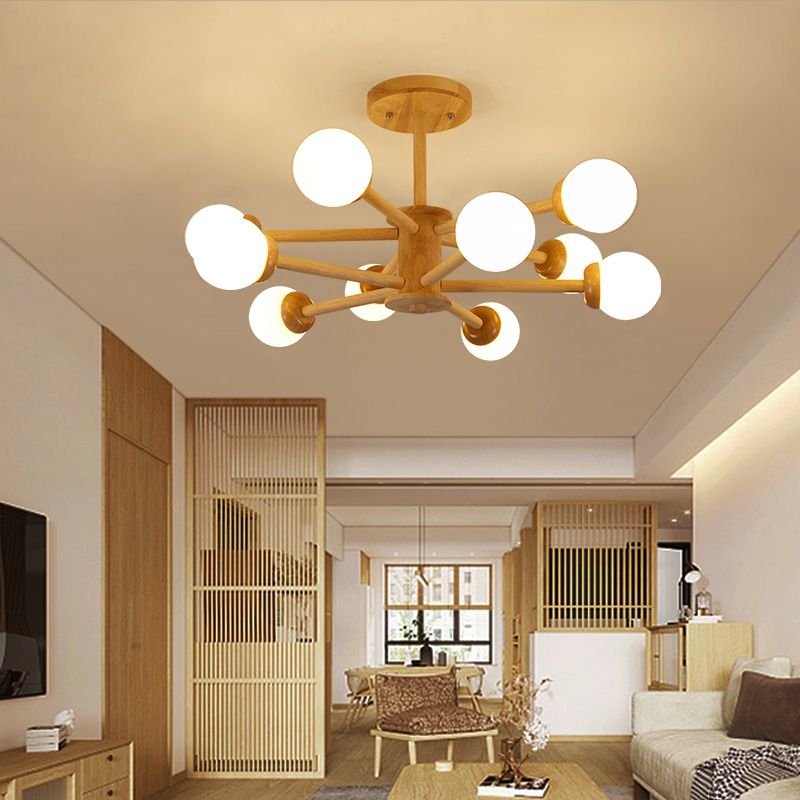Multi Light Wood Chandelier Modern Globe Chandelier Lamp with White Glass for Living Room