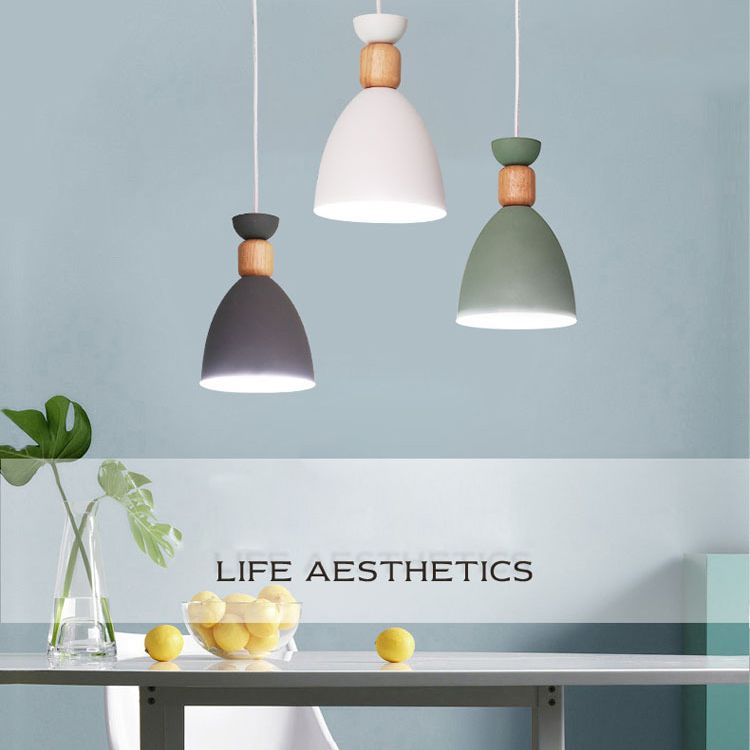 Moderne beknopte macaron hangende lamp houten koepel hanger licht met gelakte ijzeren schaduw