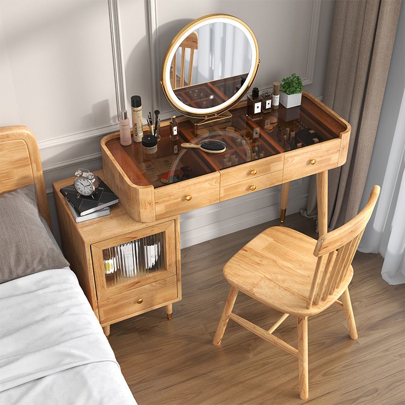Glass Vanity Table Drawers Stool Vanity Set with Lights Mirror