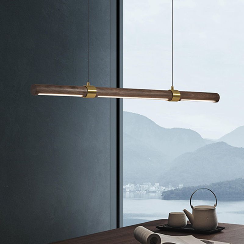 Nordic Linear Wood Island Pendant LED Strip Island Light in Brown for Dining Table