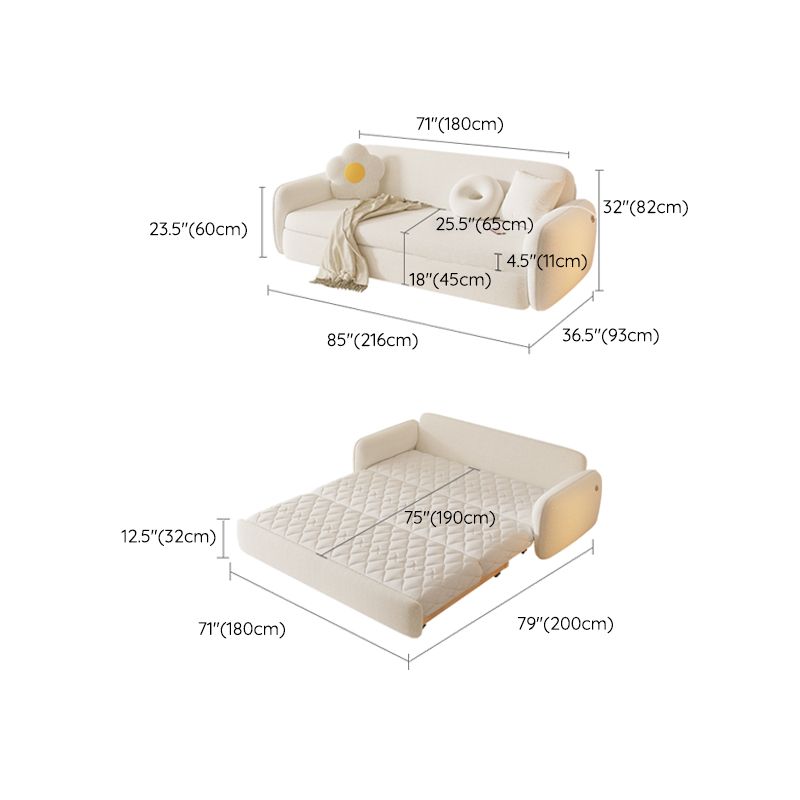 Glam White Wool Futon Sleeper Sofa with Storage in Solid Wood