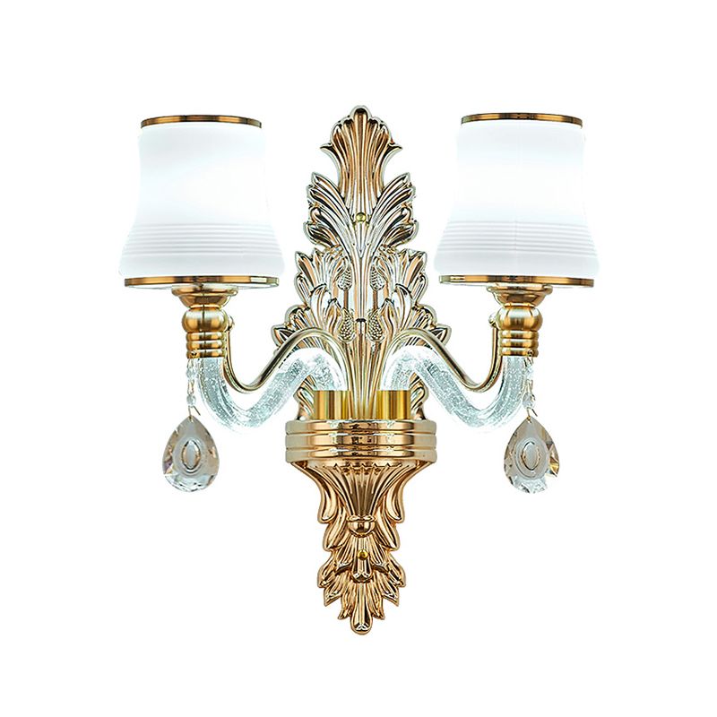 Gold Flared Wall Mount Lighting Traditional White Glass Living Room Sconce with Illuminated Arm