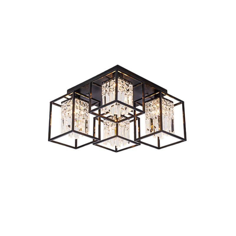 Cuboid Shade Semi Mount Lighting Modernist 4 Lights Black Flush Ceiling Lamp with Frame