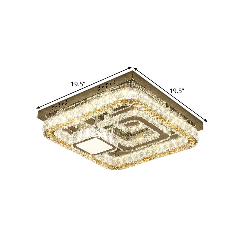 Clear Cut Crystal Blocks Square Semi Flush Contemporary Sleeping Room LED Ceiling Lighting in Stainless-Steel