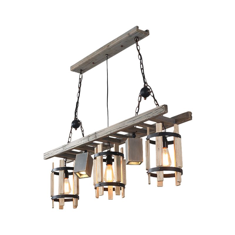 Gris / brun 5 lumières Drop Pendants Farmhouse Wood Cylinder Frame Island Éclairage avec design d'échelle