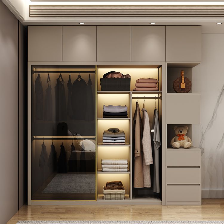 Glass and Wood Wardrobe Cabinet Sliding Wardrobe Armoire without Light