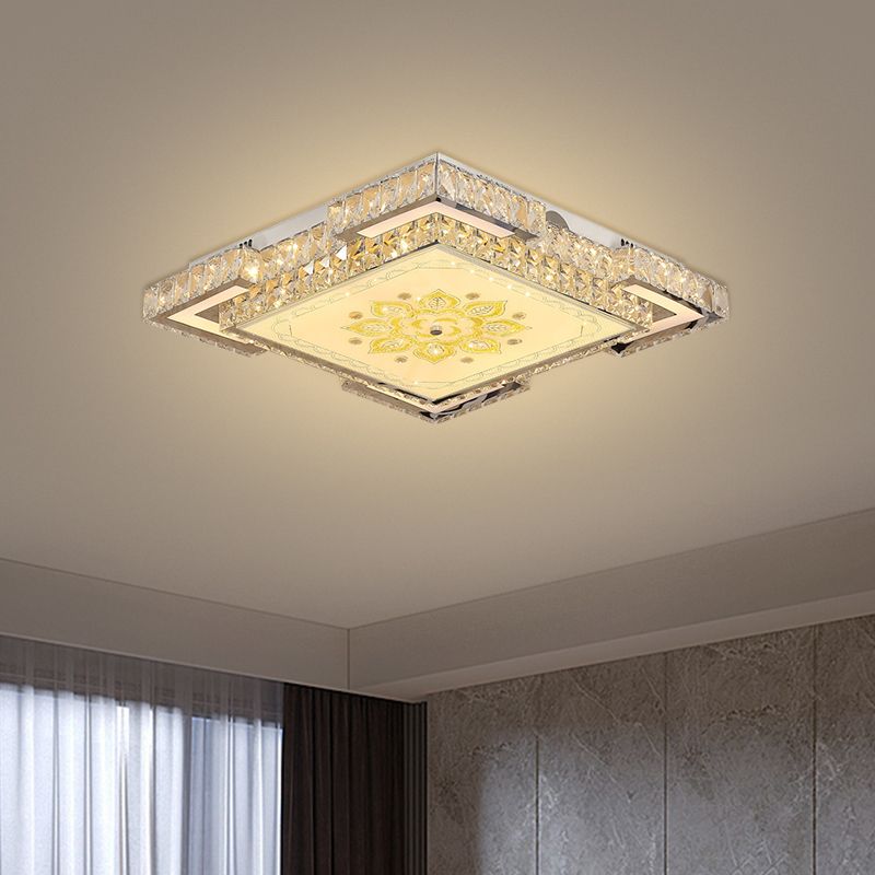 Square Flush Mount Fixture Minimalist Faceted Crystal LED Doorway Ceiling Flush in Chrome