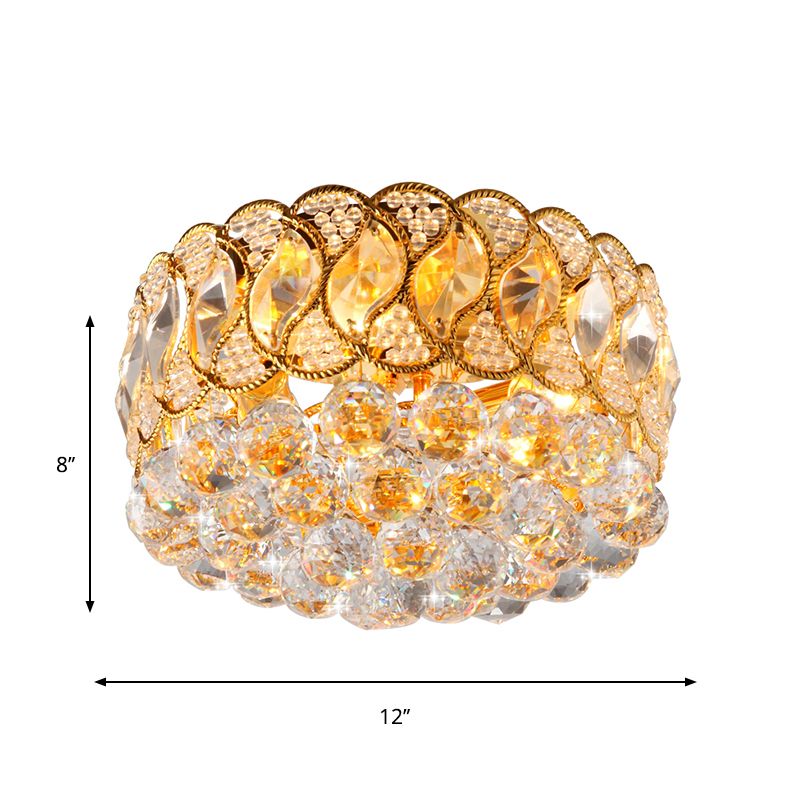 Drum Shade Crystal Orb Flush Mount Lamp Rustic 3-Head Bedroom Ceiling Light Fixture in Gold