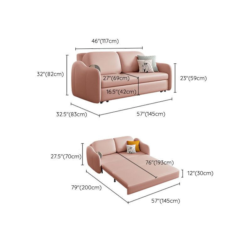 Scandinavian Faux Leather Sleeper Sloped Arm Sofa Bed in Pink