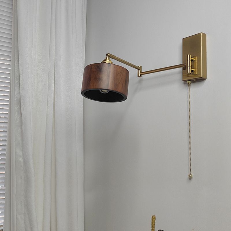 Wood Swing Arm Wall Lighting Modern Half Cylinder 1 Light Wall Light Fixture in Brown