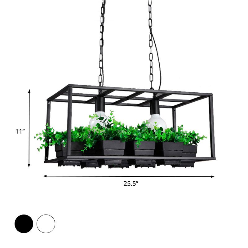 Black/White 2 Heads Island Lamp Antiqued Metal Rectangle Plant Hanging Ceiling Light for Restaurant, 21.5"/25.5" Long
