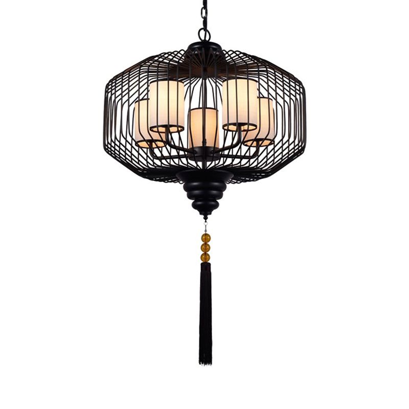 Luz de 5 luces Candelier colgante Luz de colgante negro clásico con sombra de tela de cilindro