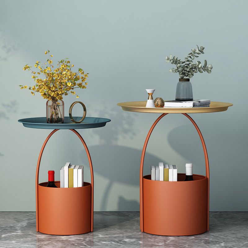 Mid-Century Round Tray Top Side Table Iron Pedestal End Table with Storage