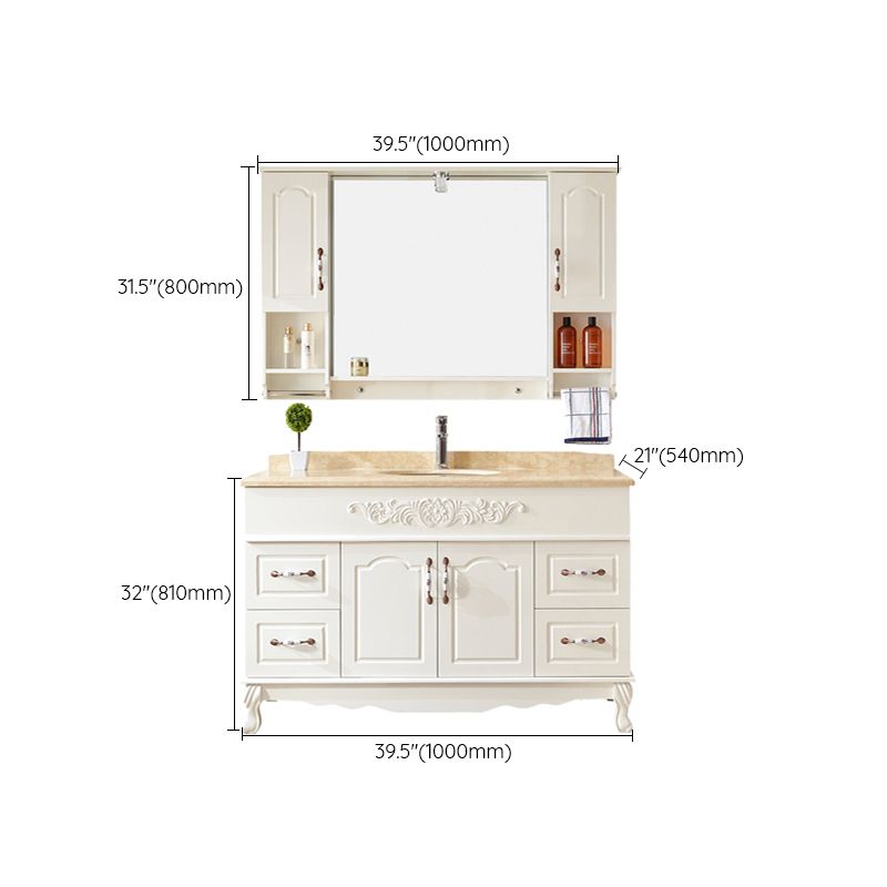 Wood Frame Bathroom Vanity White Freestanding Mirror Drawers Rectangle Vanity with 2 Doors