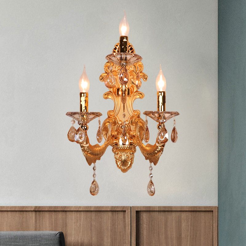 3-Head Candelabra Wall Sconce Traditional Gold Crystal Droplets Wall Lighting Fixture with Shade/Shadeless