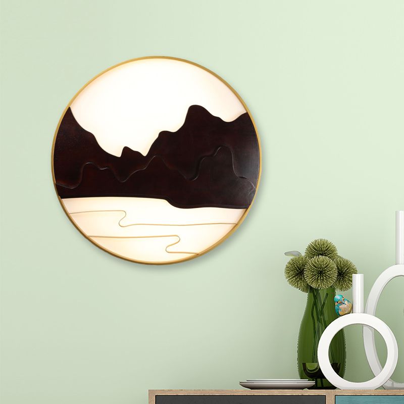 Mountain Silhouette Wall Mural Light Asian Wooden Black LED Sconce Lighting for Tearoom
