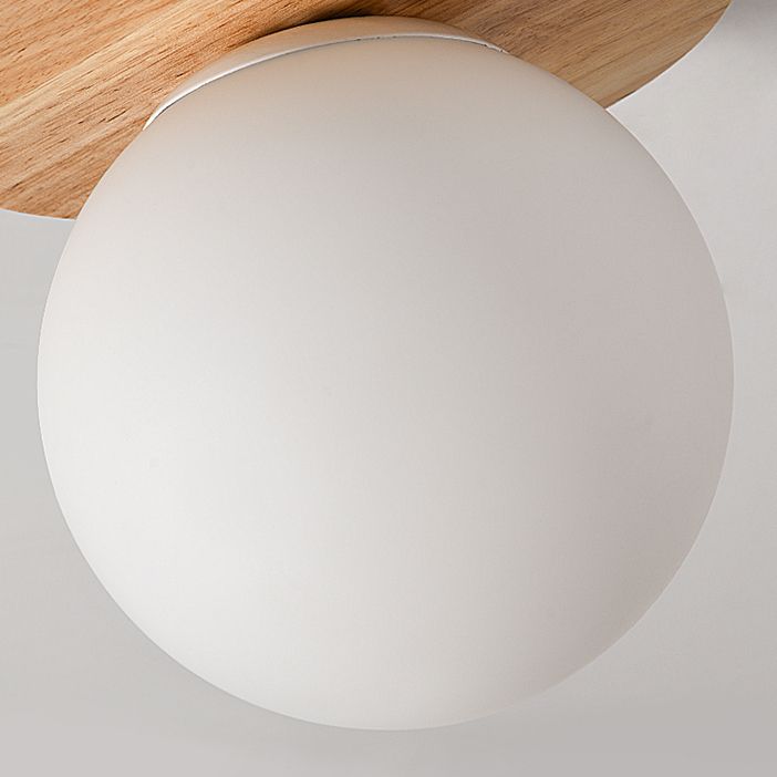 Plafonnier globe en bois à montage encastré concis et moderne avec abat-jour en verre blanc