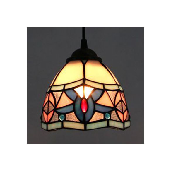 Mini Bowl Pendant Light Stained Glass Tiffany Single Hanging Lamp in Black Finish