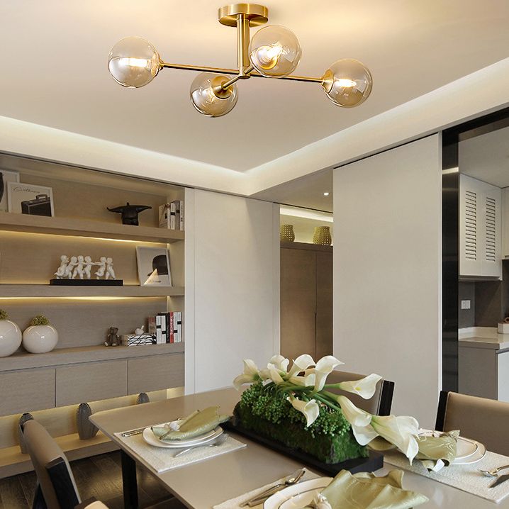 Post-Modern Metal Semi Flush Mount Globe Glass Shade Ceiling Flush Mount in Gold for Bedroom