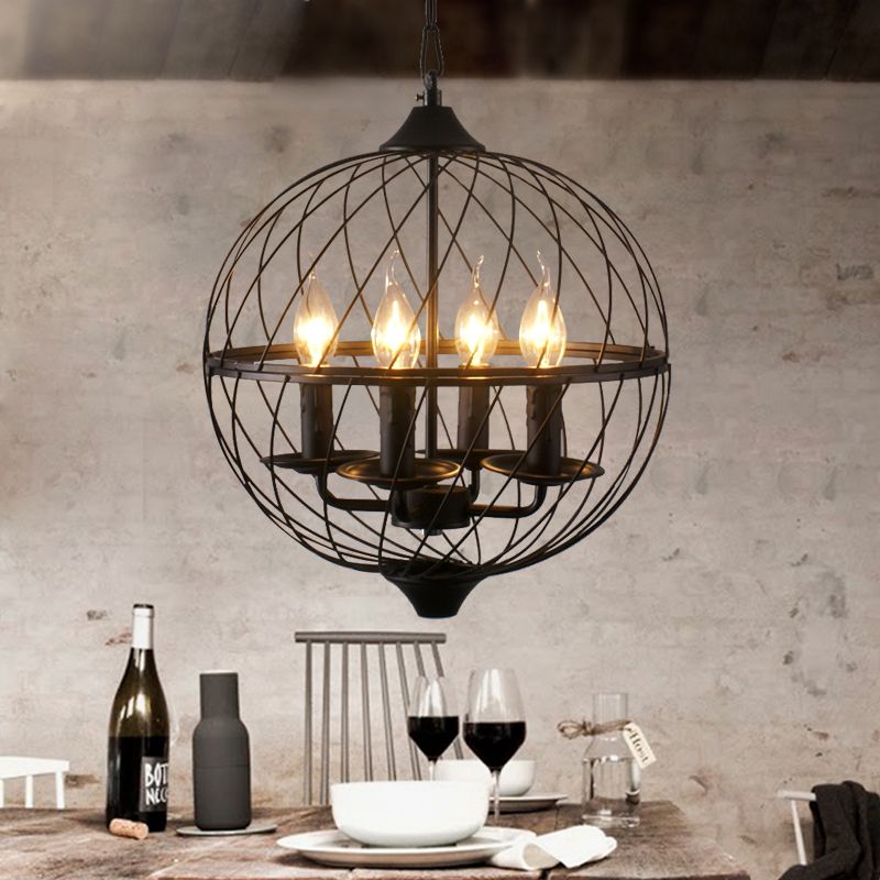 Iron Black Chandelier Lighting Global Mesh Shade 4 Bulbs Industrial Ceiling Light Fixture with Adjustable Chain for Dining Room