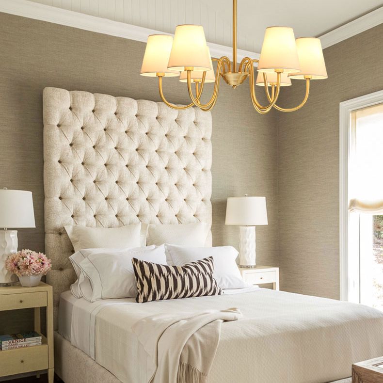 Traditional Classic Radial Pendant Light Copper Chandelier with White Fabrics Shade