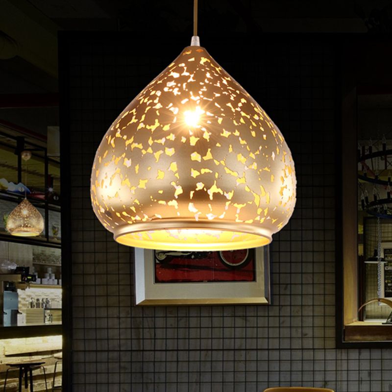 Arab Carved Pendant Light Metal 1 Bulb Suspended Lighting Fixture in Silver/Bronze/Brass for Bedroom