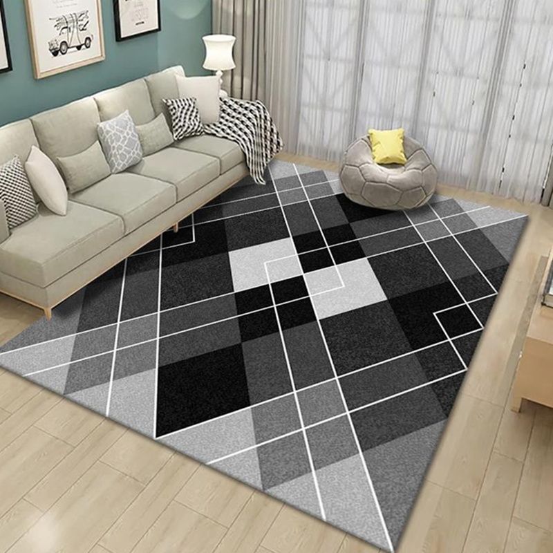 Grey Drawing Room Rug Polyester Geometric Pattern Area Rug Stain Resistant Area Rug