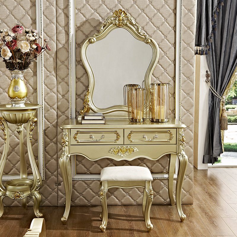 Victorian 2-Drawer Dressing Table Stool Set Solid Wood Vanity Desk