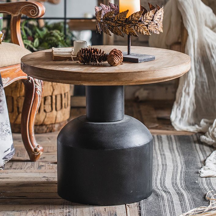 French Country Wood Round Top Side Table Iron Pedestal End Table